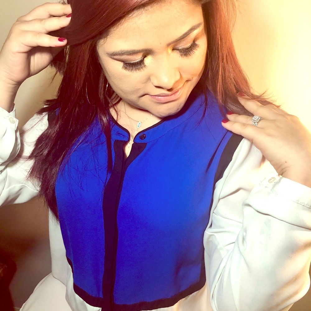 Blue, white and black Danna Buchman blouse